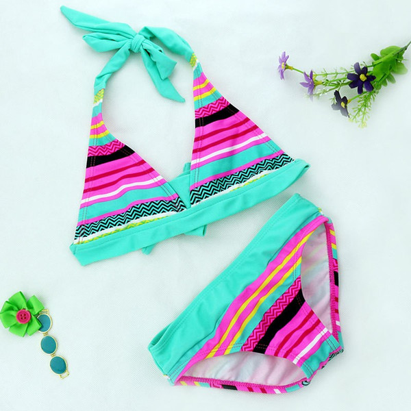 2018 New Summer girls Close-fitting elastic stripe swimsuit girls split Two-pieces Swimwear, children stripe bikini wholesale