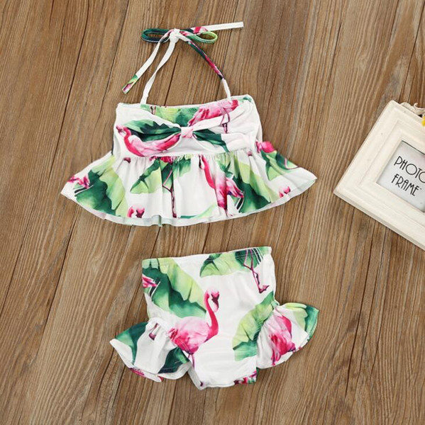 Baby Girl Flamingo Swimwear Swimsuit Bikini 2Pcs Set Bathing Suit Floral Cute Two-piece Bathing Sui Baby beach wear KKA6628