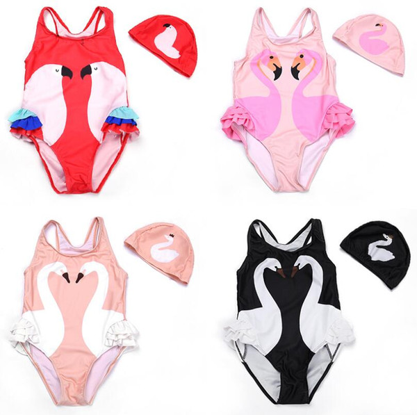 cute new children's swimwear Girls Flamingo swan print Swimsuit Kids one piece Bathing Suits free shipping