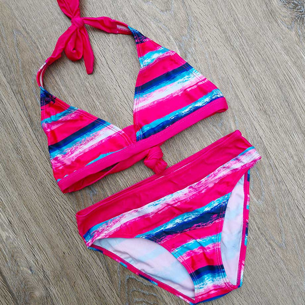 8-16 Years Striped Girl Swimwear Kids Two Piece Children Swimsuit Halter Top Baby Girl Bikini Beachwear Teenager Girls Swim Wear
