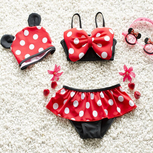 Baby Girl Swimwear Kids Straps Dot Tops+Bow Shorts+Cap Beach Swimsuit Cute Comfortable Bathing Set Free Shipping