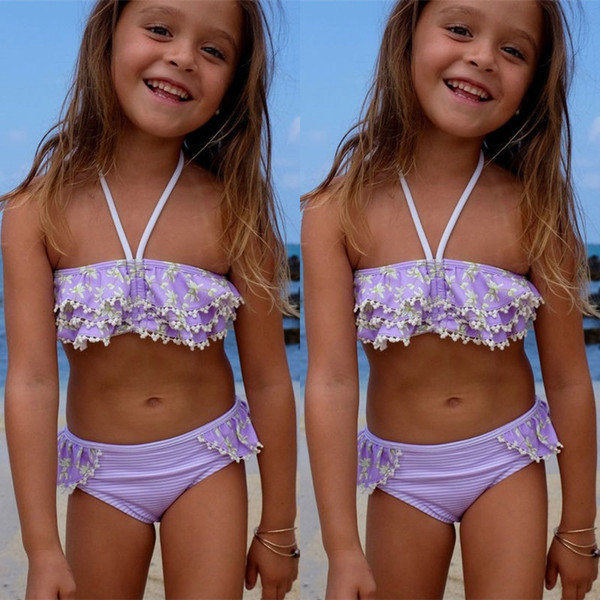 2018 Baby Girls Summer Floral Purple Swimwear Kids Child Swimsuit Bikini Set Swimsuit Beachwear Biquni Split Two-pieces Swimwear