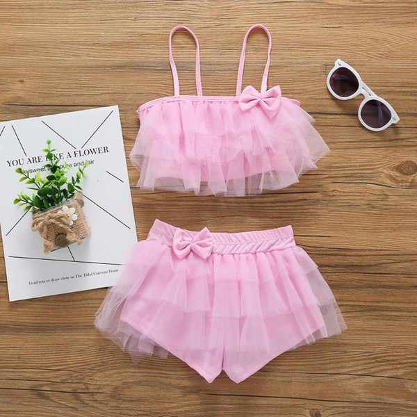 Children Swimwear Falbala Girls Bikinis Set Baby Kids Bow Swimsuit Bikini Girl Summer Lace Bathing Suit Pink Yellow Blue