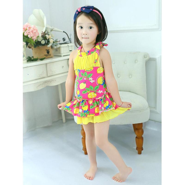 3-5Y Cute One Piece Swimwear Cartoon Lemon Girl Swimsuit Children Beach Party Bathing Suit Summer Pink Red Blue