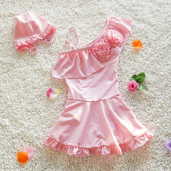 Summer Children's Bikini Bathing Suit Girls Cute Flower Swimwear Lovely Princess Two Pieces Swimsuit with Swim Cap