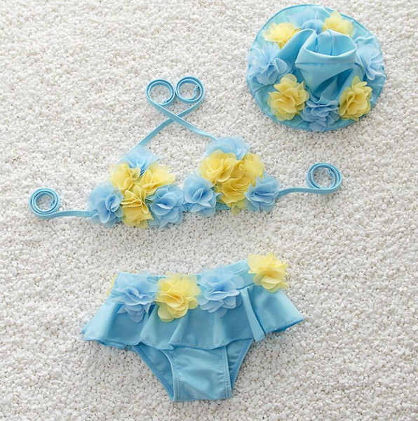 Baby Girls Swimwear Kids Swimming Bikinis Set Two Pieces Children Lace flower Cute Swimsuit pink blue