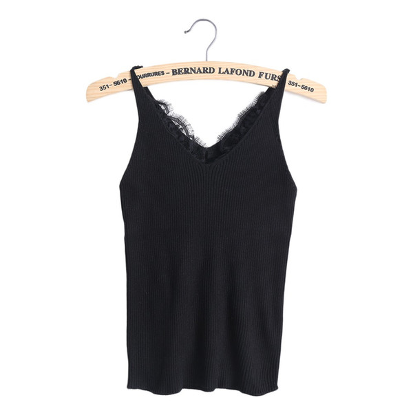 Sexy Women Plain Camisole Lace Splicing Double V-neck Vest Slim Sling Tank Tops