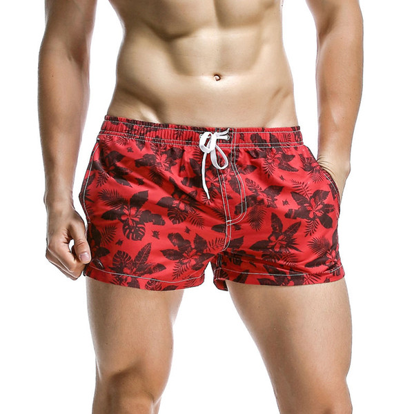 Newest Men's Red Beach Shorts Black Flower Printed Board Shorts Man Beach Short Pants Quick Dry Surfing Wear Swim Trunks