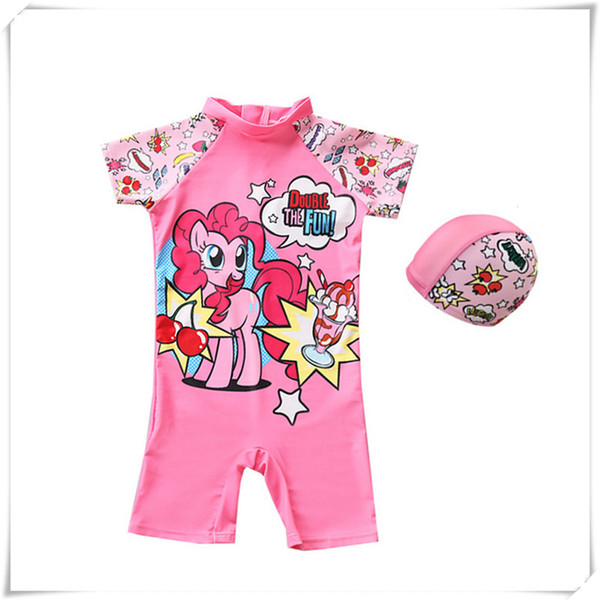 Outdoors Swimming Swimsuit Baby Kids Girl Cartoon Lovely Pink Horse Summer Swimming Suit With Hat Fine Workmanship