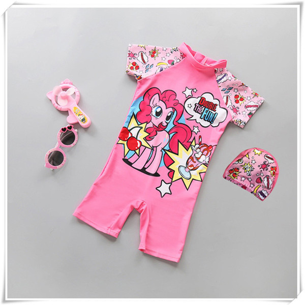 Outdoors Swimming Baby Kids Girl Cartoon Lovely Pink Horse Summer Swimming Suit With Hat Fine Workmanship