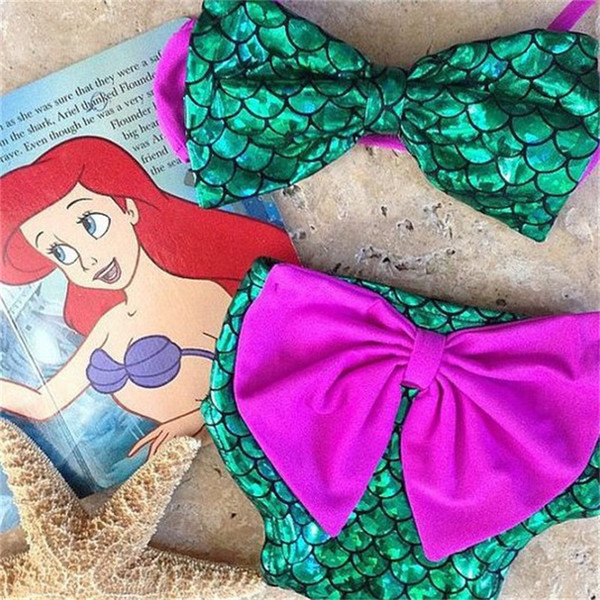 Big Bow Children Swimsuit Mermaid Bikini Suit Two Piece Bow Top Bow Pants Cartoon Gift Lovely Hot Sale 16slf1