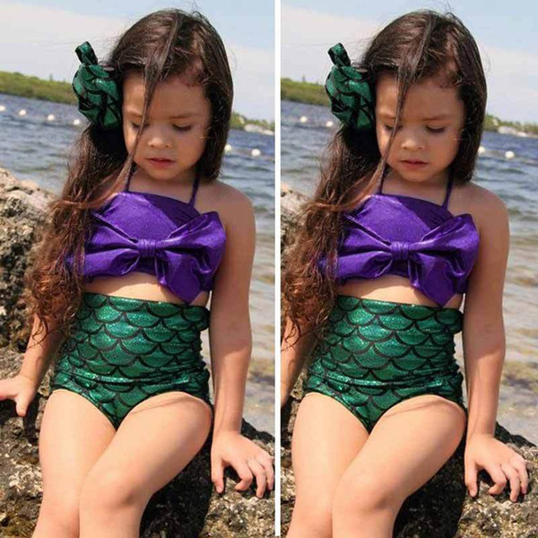 Girl Mermaid Bow Swimming Suit Summer Halter High Waist Split Children Swimwear Purple Green Jacket Shorts Fashion Swimsuit 19oxD1