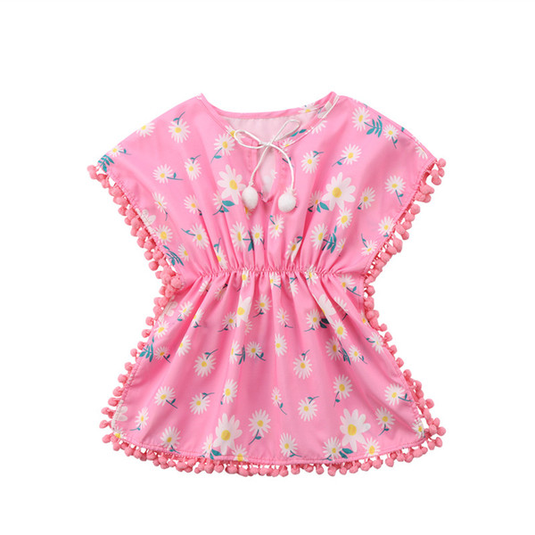 Kids 2018 Hot Sell Beach Cover Ups Baby Girls tassels short sleeve O Neck Sundress Children Flower Bikini Bathing Suit