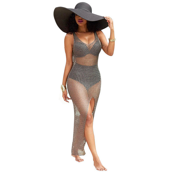 wholesale Bikini Cover up Beach Tunic Sarongs Mesh Hollow Out Beachwear Pareo Women Sexy Bathing Suit Swimsuit Kaftan robe de