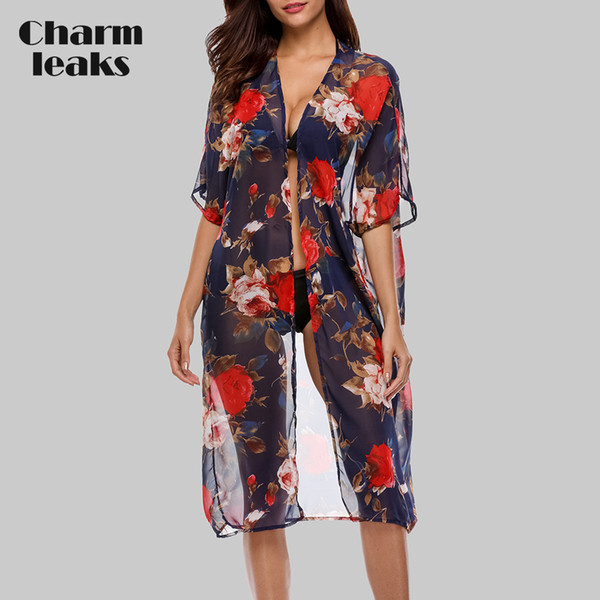 Charmleaks Women Beach Cover Up Kimono Sexy Bikini Chiffon Cover-Ups See-through Cardigan Swimsuit Women Swimwear