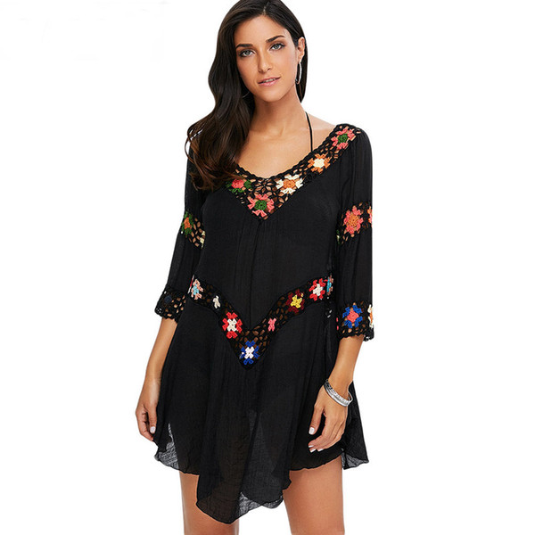Floral Crochet Flounce Beach Dress Tunic Cover-Up Bikini Swimwear Cover Up Women Robe De Plage Summer Beach Tunic