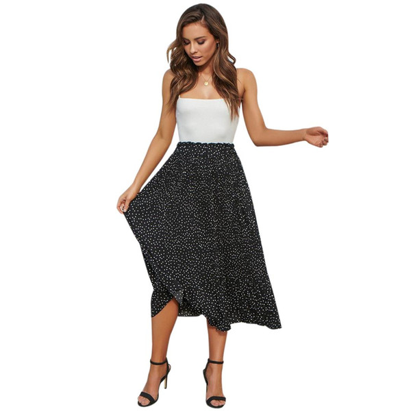 ELOS-Women High Waist Polka Dot Pleated Midi Skirt Ladies Elastic Waist Print Skirts Beach Boho Vintage Big Swing
