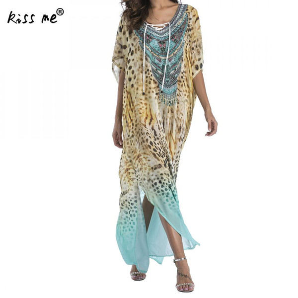 Summer Dress Beach Cover Up Dress Sheer Print Beach Tunic Pareos 2018 Beachwear Women Bikini Cover Up Chiffon Cover