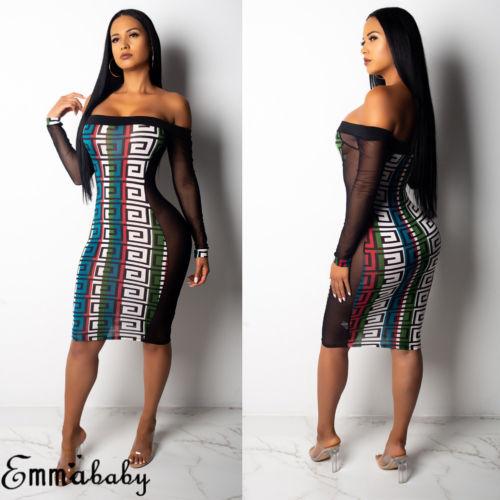 2018 Sexy Geometric Dress Women Long Sleeve Bodycon Casual Party Evening Cocktail Mini Club
