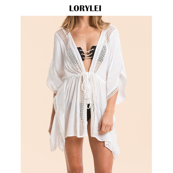 Sexy Hollow Out Plunging Neck Batwing Sleeve Belted Above Knee Beach Dress Women Tunic Beachwear Swimsuit Cover Up Dress