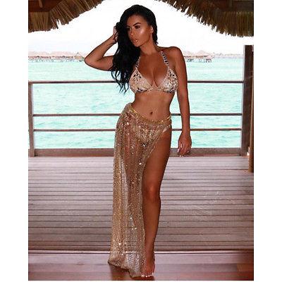 New Summer Women's Glitter Crochet Shining Lace Swimwear Summer Beach Dress Bikini Cover Up