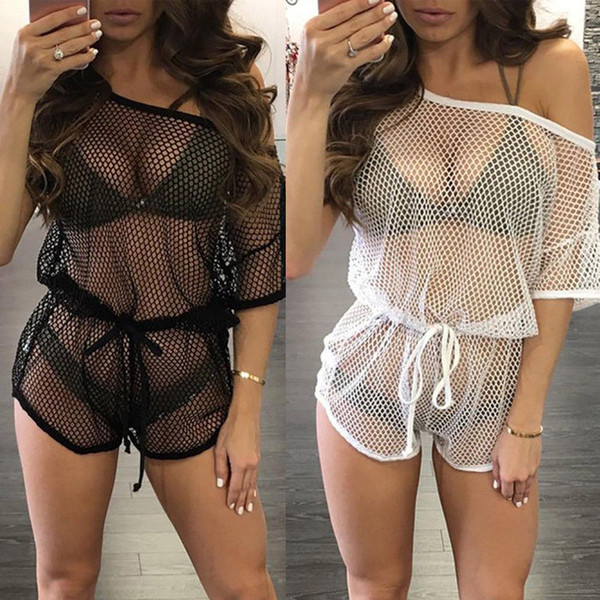 Summer Women Bathing Suit Crochet Fish Net Off-shoulder One-piece Bikini Swimwear Cover Up Beach Dress