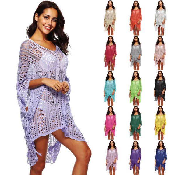 Beach Tunic Dress Women's Beachwear Women Summer Sarong Coverups For Bathing Suit Covers 2018 Flower Hollow Spelling Neck