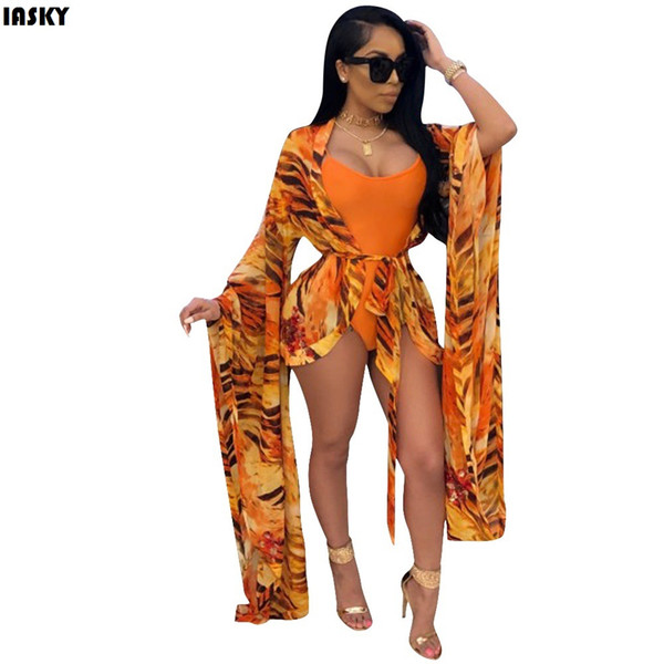 wholesale Chiffon Beach Cover Up and one piece swimsuit set Cardigan Printed Bikini Bathing Suit Cover Ups