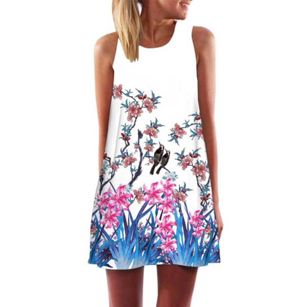 New Summer Dress Floral Print Boho Dresses For Women Casual Beach Sundress Vintage Sleeveless Mini Dress Vestidos De