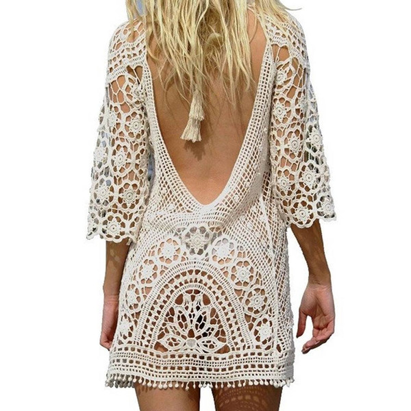 Sexy Black Backless Tunics Beach dress Crochet knitted female Swimwear cover-up beach Cover Ups beach wear Beachwear Women