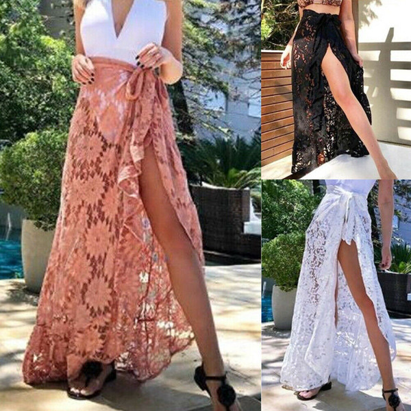 2019 New Style Fashion Hot Solid Women Bikini Cover Up Lace Swimwear Beach Long Wrap Lace Skirt