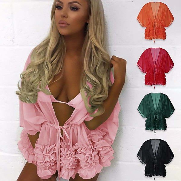 2019 Women Ruffles Beachwear Swimwear Bikini Cover Up Kaftan Ladies Summer Sunscreen Mini Sundress Beach Cover-Up 2XL