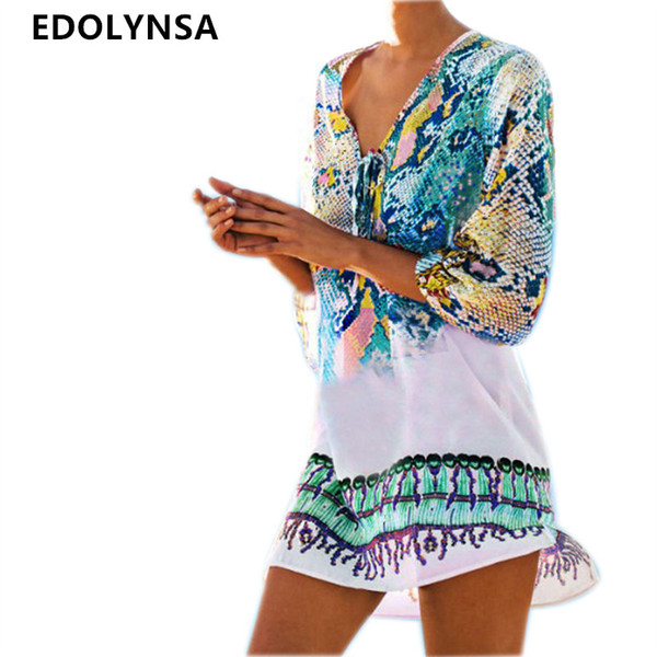 Bathing Suit Beach Caftan Swimsuit Cover up Print Chiffon Pareo Women Robe Plage Swimwear Dress Sexy Sarong Beach Tunic