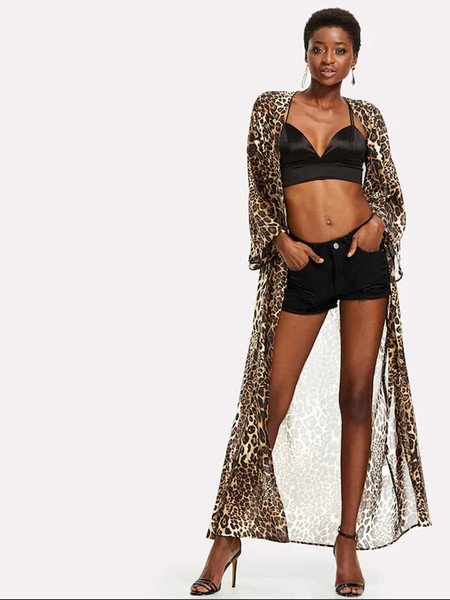 Leopard Print Long Cardigan Beachwear Bikini Cover Up Women Chiffon Lace Kimono Boho Beach Long Sunscreen Cover