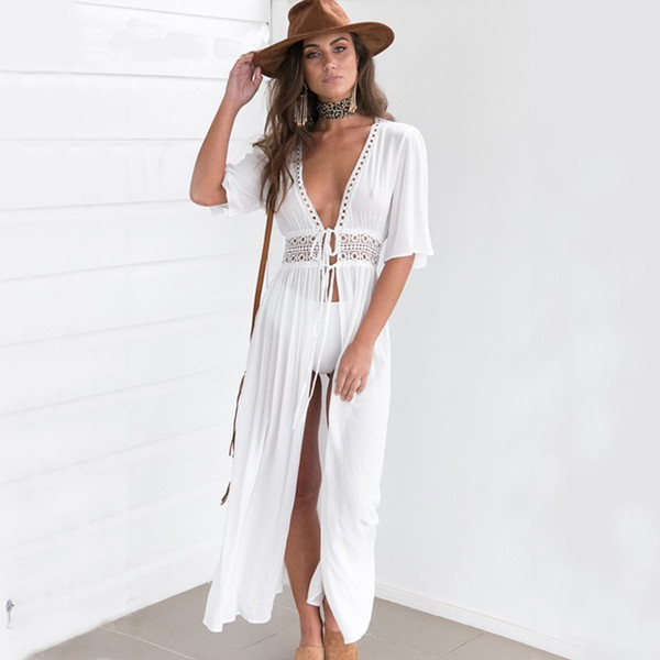 New Swimsuit Cover Up Bandage White Beachwear Sexy See-Through Beach Dress Women Long Bathing Suit Cover Ups Hollow