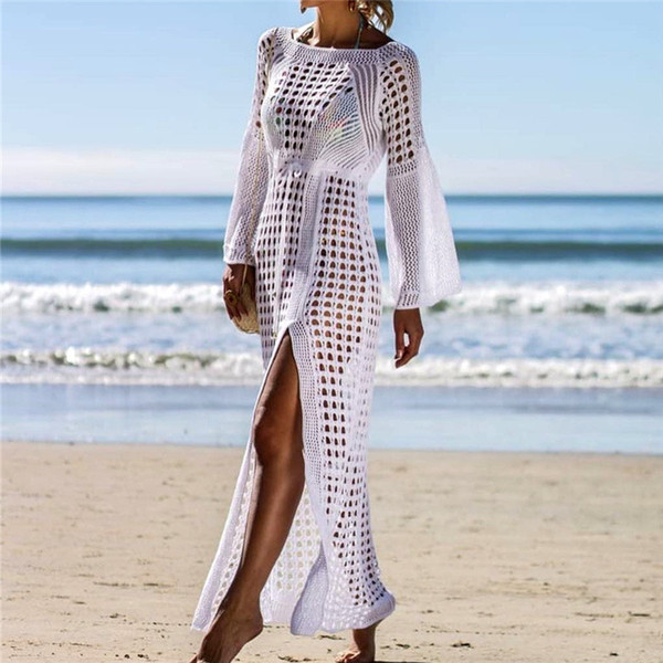 wholesale 2019 New Crochet White Knitted Beach Cover up dress Tunic Long Beach Dress Bikinis Cover ups Swim Cover up