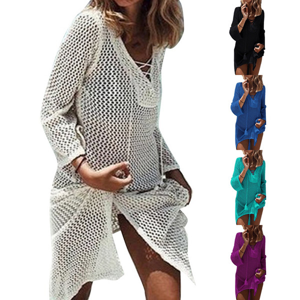 Fashion Women Beach Wear Outing Cover Up Knitted Robe Plage V Neck Hollow Candy Color Kaftan Dress Pareos Bikini Sarong