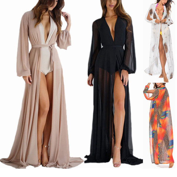 2018 Summer Beach Cardigan Long Sleeve Women Tops Blusas Sexy Transparent Loose Swim Bikini Cover Up Outwear Gown