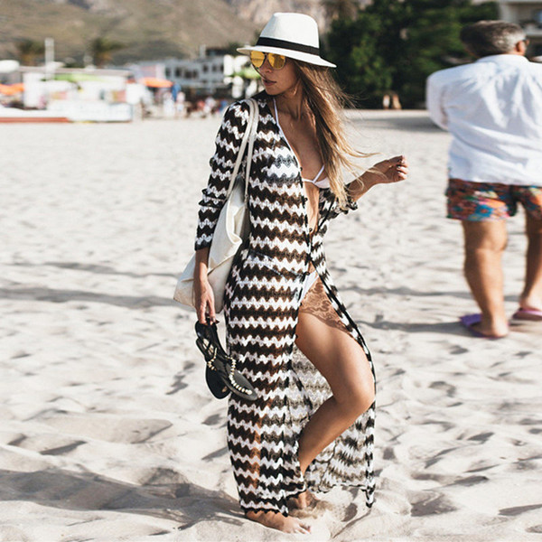 Women Wave Stripe Beach Dress Tunic 2019 Lace Crochet Bikini Cover Up Long Kaftan Sexy Summer Cardigan Beach Wear Robe de