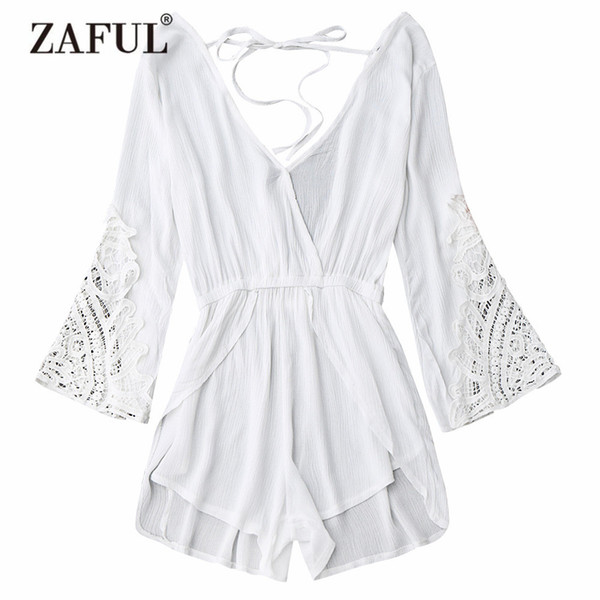 wholesale Cover ups Romper Low Back Plunge Linen Romper Women Backless Holiday Summer Beach Cover-ups
