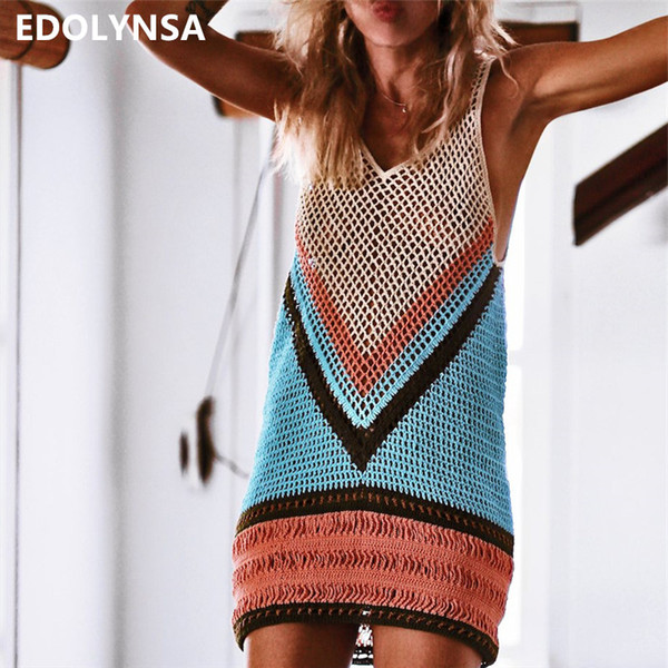 2019 Summer Sexy Beach Cover Up Bikini Crochet Knitted Swimwear Beach Wear Hollow Out Swimsuit Cover Up Beach Dresses