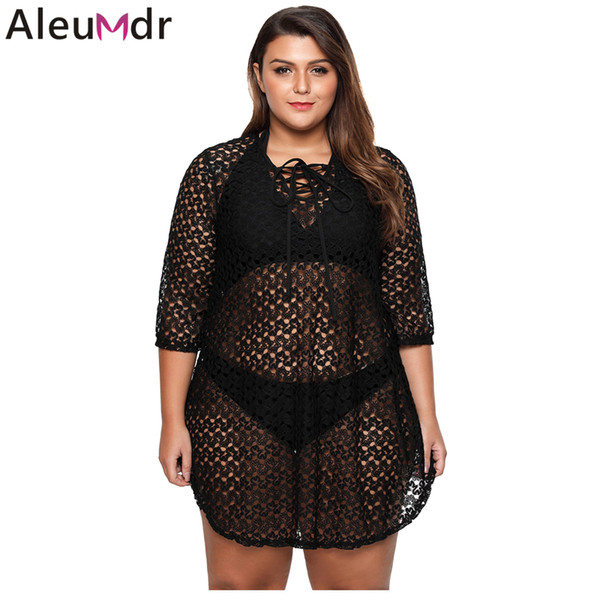 wholesale Women Swimsuit Beach Dress Black Crochet Lace up Plus Size Cover Up Kaftan Beachwear Bikini Bathing Suit Tunic