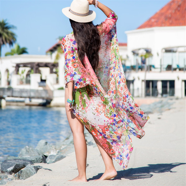 Beach Cover up Tunics for Beach Print Chiffon Long Kaftan Bikini Cover up Robe de Plage Sarong Beach Wrap Swimsuit coverup