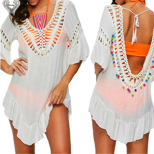 Sexy Kaftan Beach Tunic Dress Women Saida 2018 Swim Sundress Swimsuit Cover Up Bohemia White V-Neck Dresses Cotton May