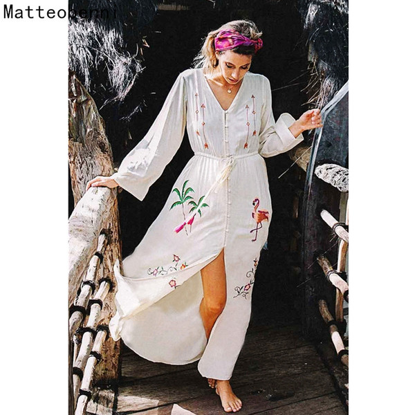 cotton embroidered Tunic summer beach dress Long Women Swim bikini cover up Saida de Praia Robe de Plage Kaftan pareo beach