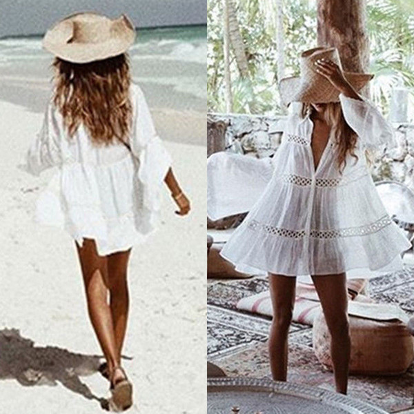 New 2019 Women Beach Dress Cover Up Kaftan Sarong Summer Wear Swimwear Ladies Button Shirts Solid Hollow Out Loose Soft
