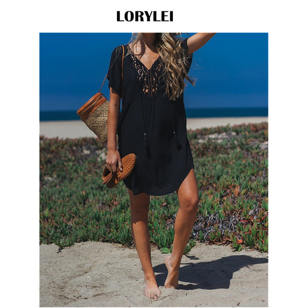 2019 Sexy Hollow Out V-Neck Mini Beach Dress Summer Women Beachwear Black Cotton Tunic Swim Suit Cover Up Plus Size Sarongs