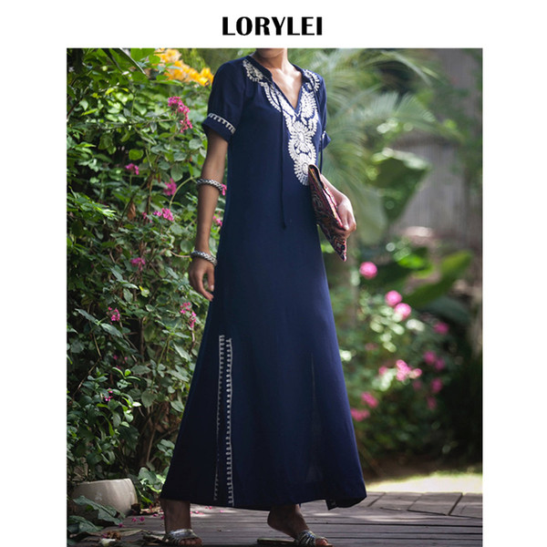 Sexy V Neck Side Split Embroidery Ankle Length Beach Dress Short Sleeve Women Tunic Kaftan Beach Swimwear Bikini Cover Up