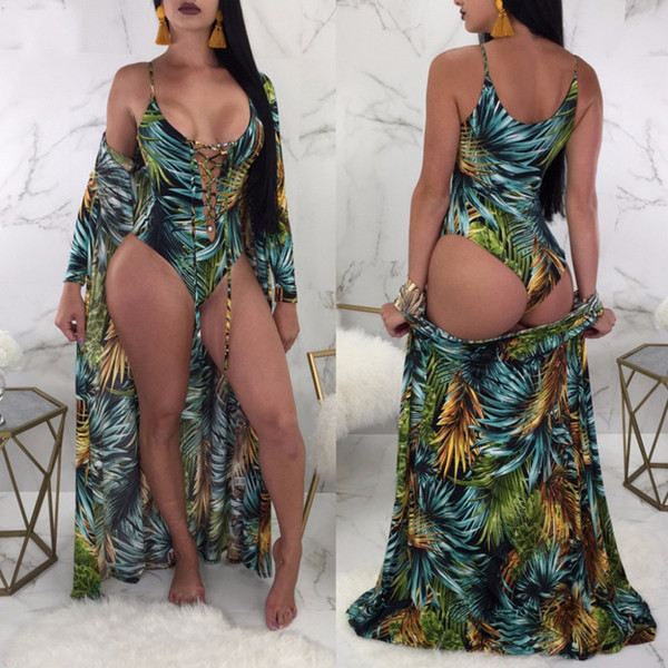 2PCS/SET Beach Cover-Ups+swimsuit set 2019 Sexy Print Leaves cover up and hollow Out one piece swimsuit women beach