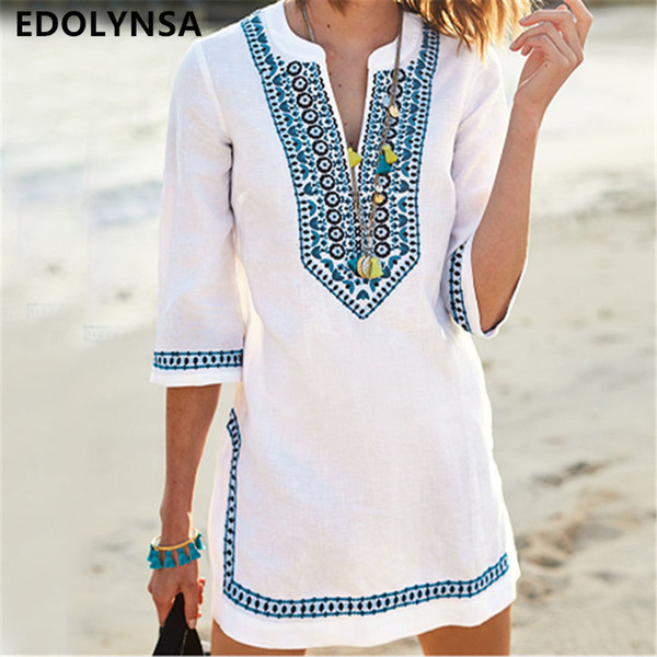Embroidery Vintage Beach Cover up Saida de Praia Swimsuit Women Bikini cover up Tunics for Beach Pareo Sarong Beachwear